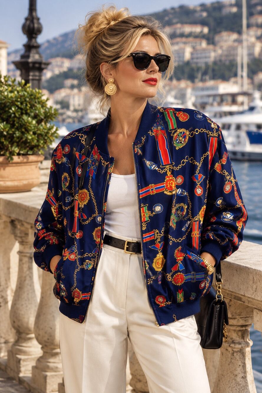 Vintage Alfred Dunner Chain Medallion Print Bomber Jacket Navy Red Gold 80s 90s